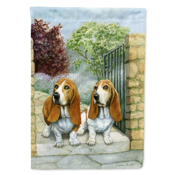 Carolines Treasures BDBA0390GF Basset Hounds in the Gate Flag Garden Size Small multicolor