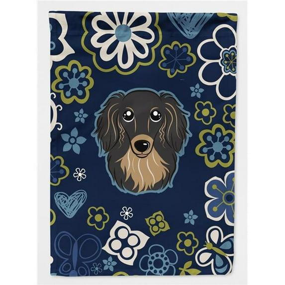 Blue Flowers Longhair Black and Tan Dachshund Flag Garden Size BB5064GF