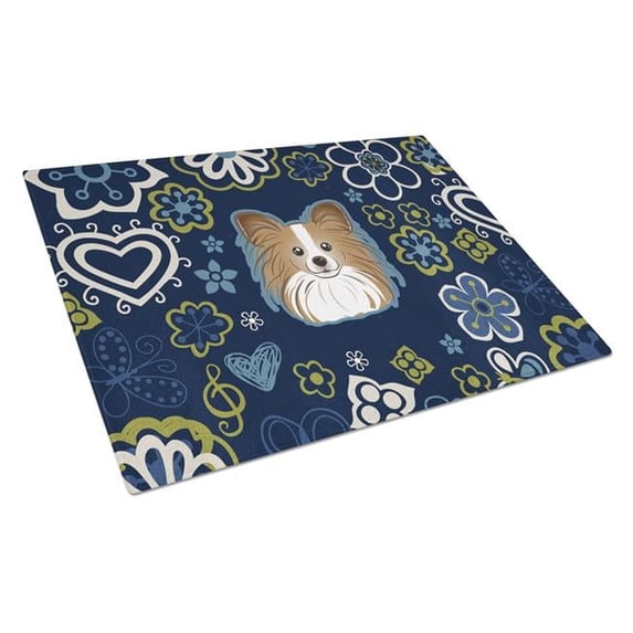 Carolines Treasures Blue Flowers Papillon Glass Cutting Board Large 12H x 16W multicolor