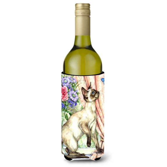 Carolines Treasures CDCO0036LITERK Siamese cat with Butterfly Wine Bottle Beverage Insulator Hugger Wine Bottle
