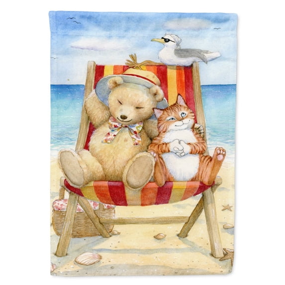 Summer Teddy Bear and Cat on Beach Flag Canvas House Size
