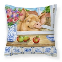 Carolines Treasures CDCO0352PW1414 Pig trying to reach the  in the Window Canvas Decorative Pillow  14Hx14W multicolor