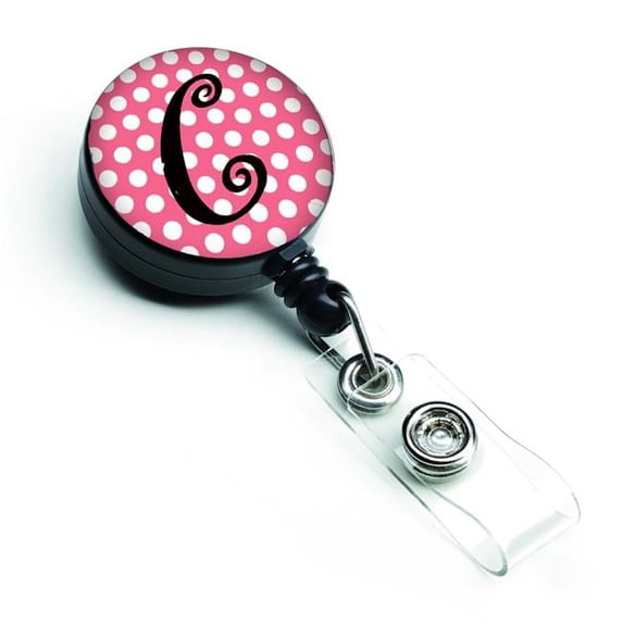 Carolines Treasures CJ1001-CBR Letter C Monogram Pink & Black Polka Dots Retractable Badge Reel