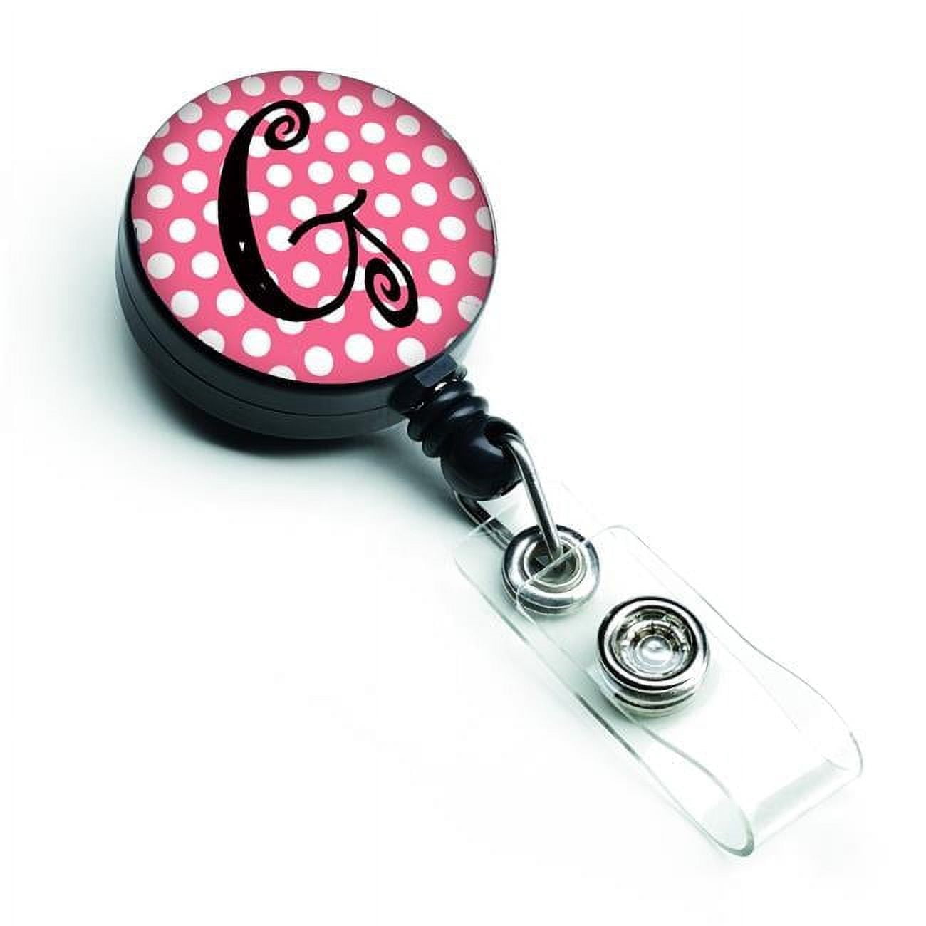 Carolines Treasures CJ1001-GBR Letter G Monogram Pink & Black Polka Dots Retractable Badge Reel