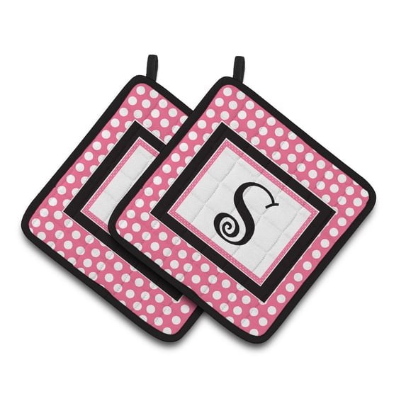 Letter S Monogram - Pink Black Polka Dots Pair of Pot Holders