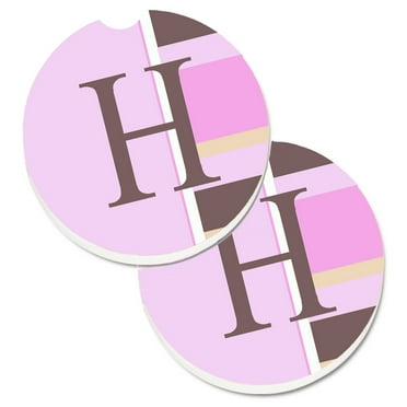 Carolines Treasures CJ1005-HCARC Letter H Initial Monogram - Pink Stripes Set of 2 Cup Holder Car Coasters  Large