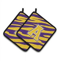 Letter A Monogram - Tiger Stripe - Purple Gold Pair of Pot Holders