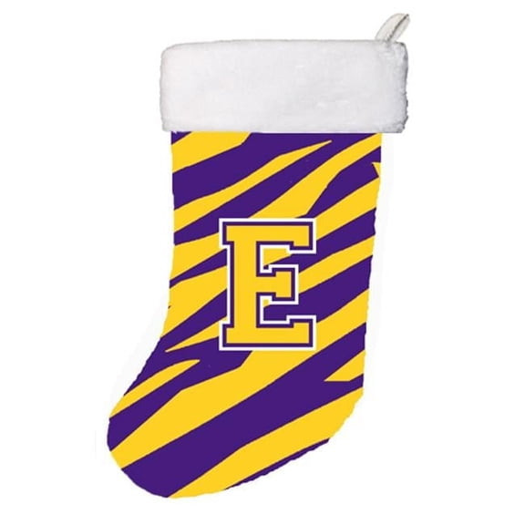 Carolines Treasures CJ1022-E-CS 11 x 18 in. Tiger Stripe - Purple Gold Initial E Monogram Initial Christmas Stocking