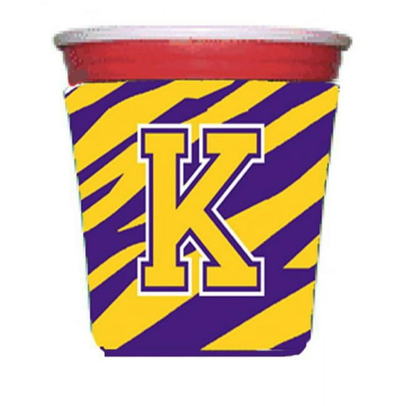 Carolines Treasures CJ1022-K-RSC Tiger Stripe - Purple Gold Letter K Monogram Initial Red Solo Cup Hugger