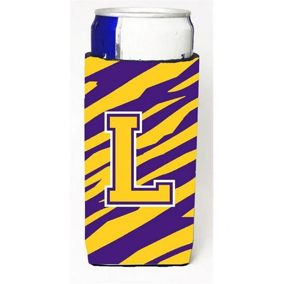Carolines Treasures CJ1022-LMUK Tiger Stripe - Purple Gold Monogram Letter L Michelob Ultra s For Slim Cans