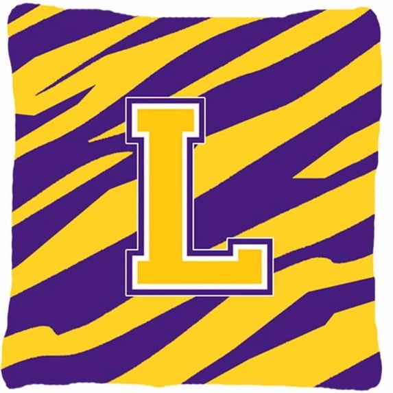 Carolines Treasures CJ1022-LPW1414 Monogram - Tiger Stripe - Purple Gold Decorative Fabric Pillow - 14 x 14 in.- Initial L