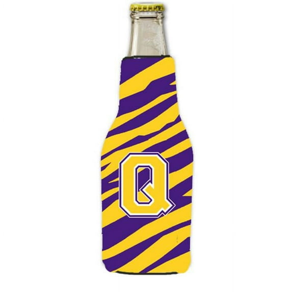 Carolines Treasures CJ1022-Q-BOTTLE 3 x 8 in. Tiger Stripe Purple Gold Letter Q Initial Longneck Beer Hugger with Zipper