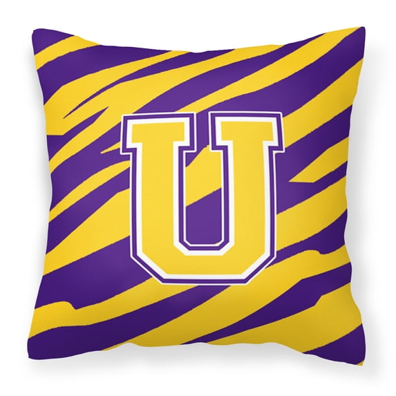 Carolines Treasures CJ1022-UPW1414 Monogram - Tiger Stripe - Purple Gold Decorative Fabric Pillow - 14 x 14 in.- Initial U