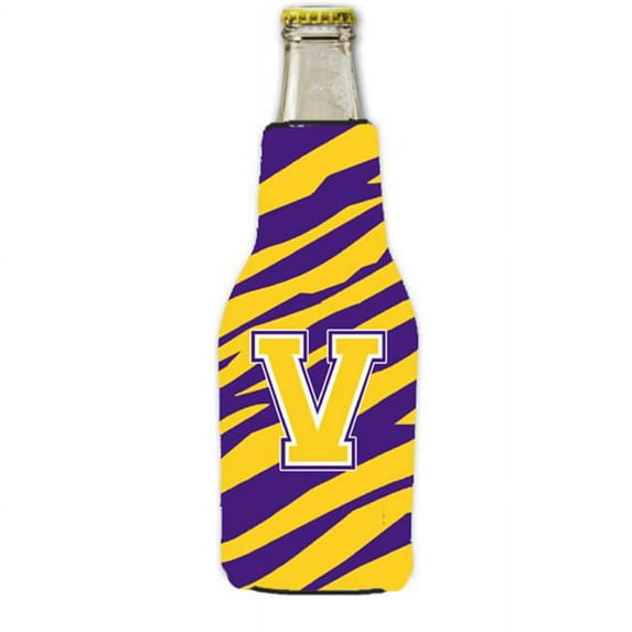 Carolines Treasures CJ1022-V-BOTTLE 3 x 8 inch Tiger Stripe Purple Gold Letter V Initial Longneck Beer Hugger with