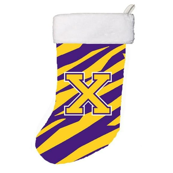 Carolines Treasures CJ1022-X-CS 11 x 18 in. Tiger Stripe - Purple Gold Initial X Monogram Initial Christmas Stocking