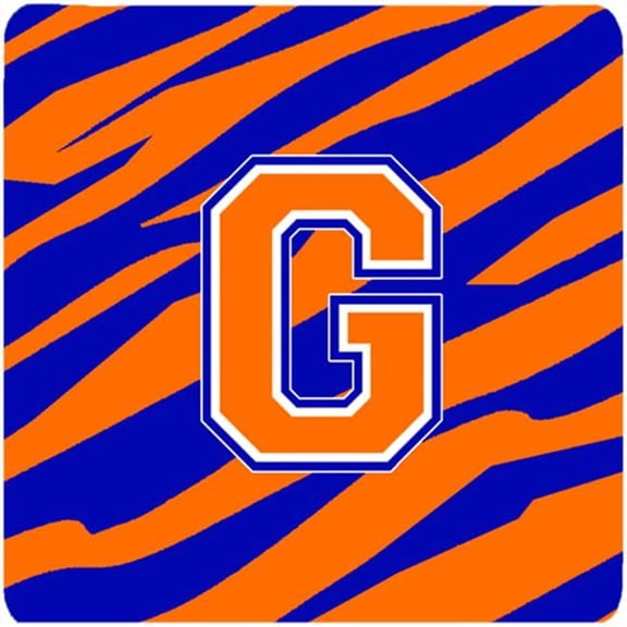 Carolines Treasures CJ1023-GFC Monogram - Tiger Stripe - Blue Orange Foam Coasters Initial Letter G- Set - 4