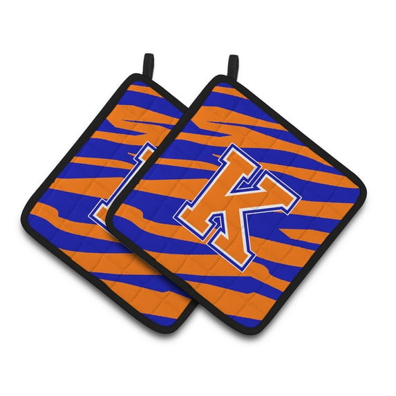 Carolines Treasures CJ1023-KPTHD Letter K Initial Tiger Stripe - Blue Orange Pair of Pot Holders, 7.5HX7.5W,