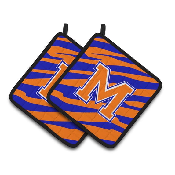 Carolines Treasures CJ1023-MPTHD Letter M Initial Tiger Stripe - Blue Orange Pair of Pot Holders, 7.5HX7.5W, multicolor