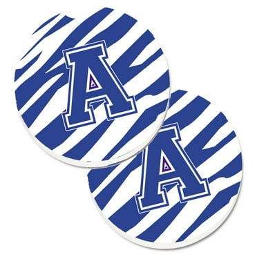 Carolines Treasures CJ1034-ACARC Letter A Monogram - Blue White Tiger Stripe Set of 2 Cup Holder Car Coasters  Large