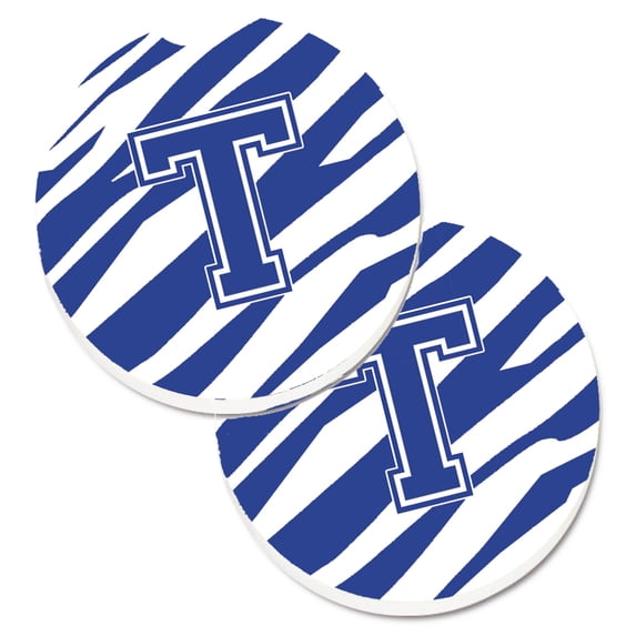 Carolines Treasures CJ1034-TCARC Monogram Initial T Tiger Stripe Blue and White Set of 2 Cup Holder Car Coasters Large