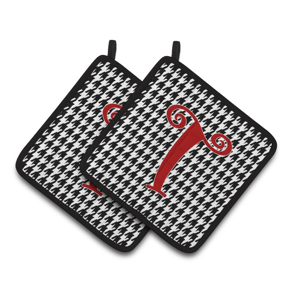 Monogram Initial T Houndstooth Black Pair of Pot Holders