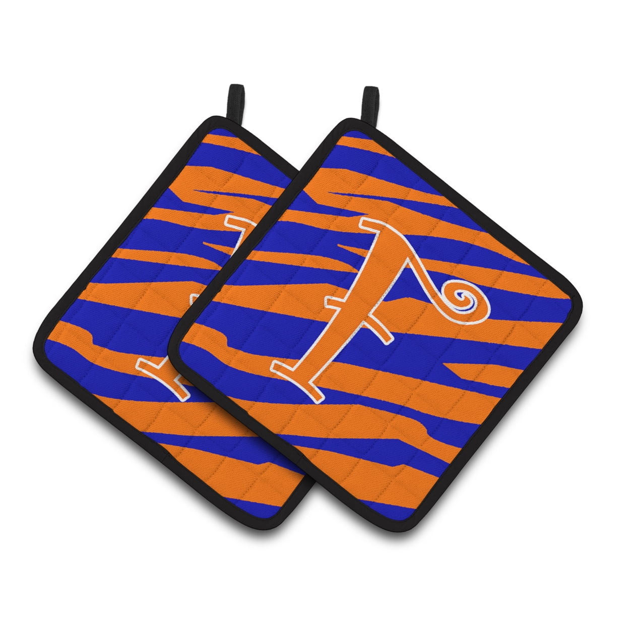 Carolines Treasures CJ1036-FPTHD Letter F Initial Tiger Stripe Blue and Orange Pair of Pot Holders, 7.5HX7.5W,