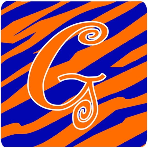 Carolines Treasures CJ1036-GFC Letter G Initial Tiger Stripe Blue and Orange Foam Coaster Set of 4, 3 1/2 x 3 1/2,