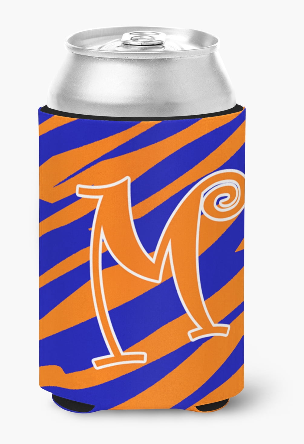 Letter M Initial Monogram - Tiger Stripe Blue and Orange Can Beverage Insulator Hugger