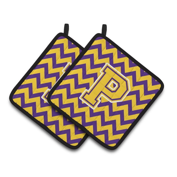 Letter P Chevron Purple and Gold Pair of Pot Holders