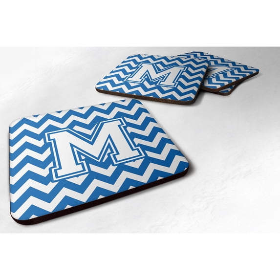 Carolines Treasures CJ1045-MFC Letter M Chevron Blue and White Foam Coaster Set of 4 3 1/2 x 3 1/2 multicolor