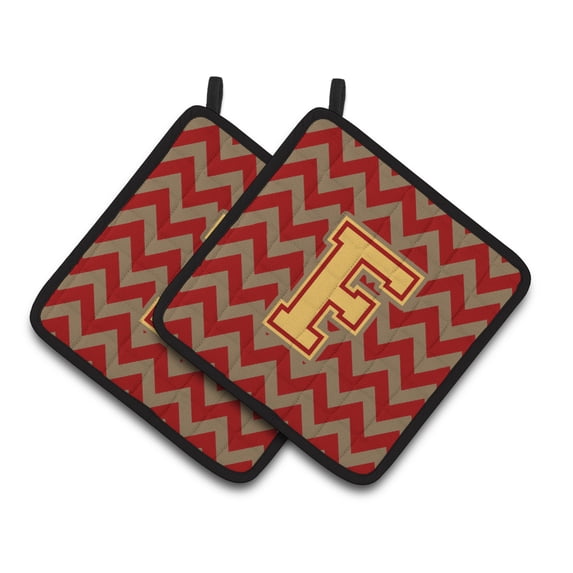 Carolines Treasures CJ1048-FPTHD Letter F Chevron Garnet and Gold Pair of Pot Holders, 7.5HX7.5W, multicolor