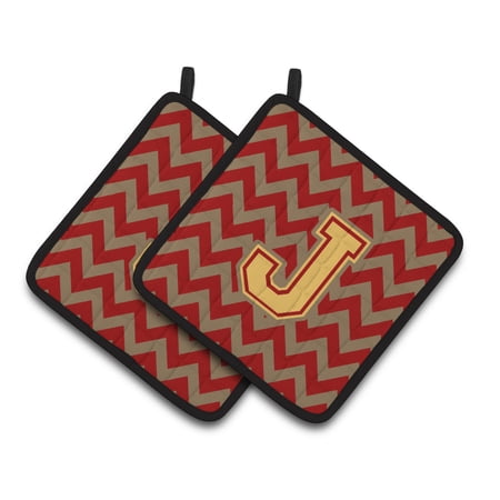 Carolines Treasures CJ1048-JPTHD Letter J Chevron Garnet and Gold Pair of Pot Holders, 7.5HX7.5W, multicolor