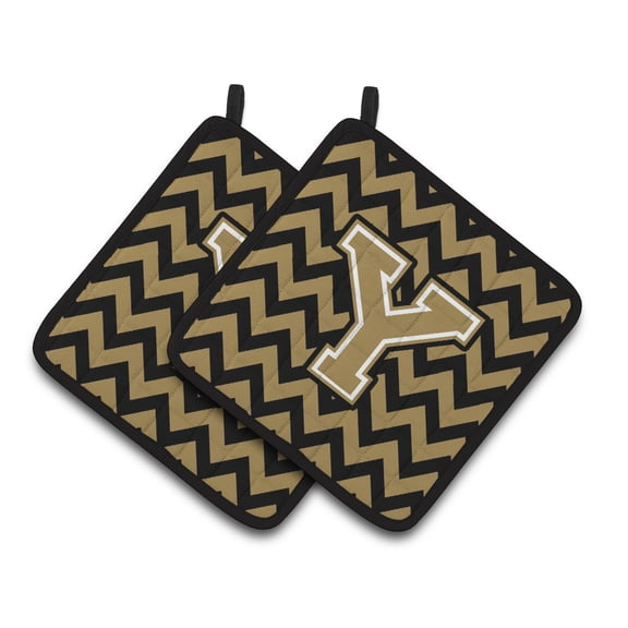 Letter Y Chevron Black and Gold Pair of Pot Holders