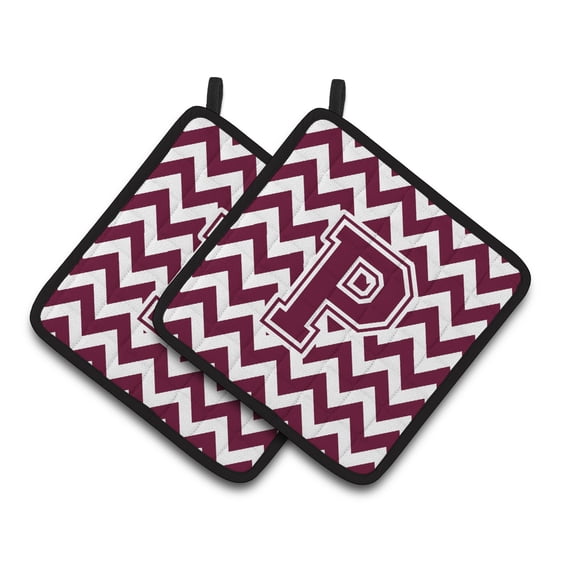 Letter P Chevron Maroon and White Pair of Pot Holders