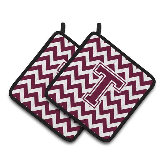 Letter T Chevron Maroon and White Pair of Pot Holders
