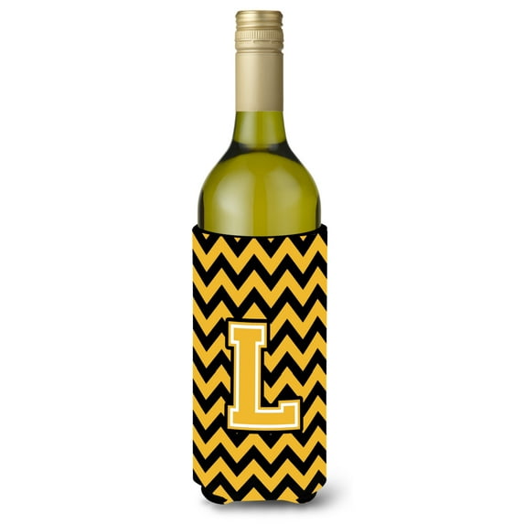 Carolines Treasures CJ1053-LLITERK Letter L Chevron Black and Gold Wine Bottle Beverage Insulator Hugger Wine Bottle