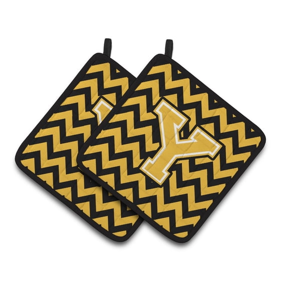 Letter Y Chevron Black and Gold Pair of Pot Holders