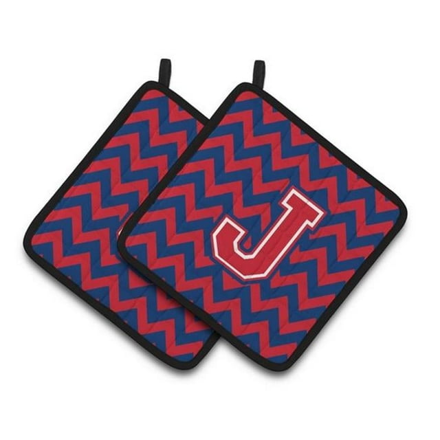 Carolines Treasures CJ1054-JPTHD Letter J Chevron Yale Blue & Crimson Pair of Pot Holders, 7.5 x 3 x 7.5 in.