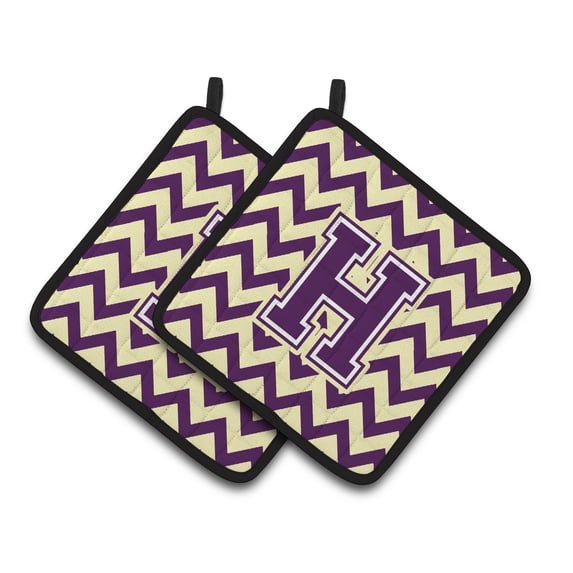 Letter H Chevron Purple and Gold Pair of Pot Holders
