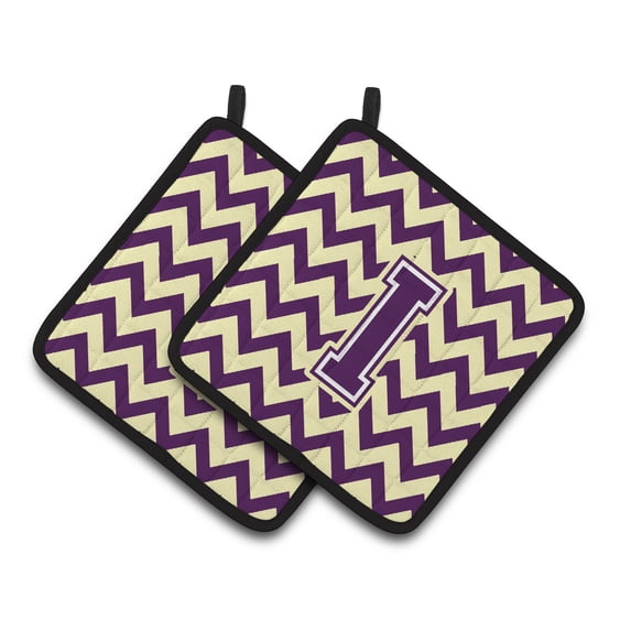 Letter I Chevron Purple and Gold Pair of Pot Holders