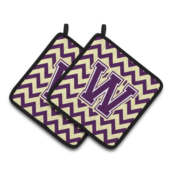 Carolines Treasures CJ1058-WPTHD Letter W Chevron Purple and Gold Pair of Pot Holders, 7.5HX7.5W, multicolor