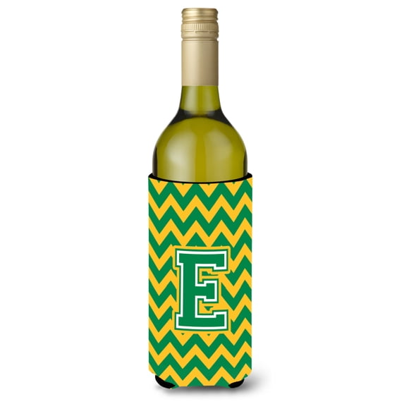 Carolines Treasures CJ1059-ELITERK Letter E Chevron Green and Gold Wine Bottle Beverage Insulator Hugger Wine Bottle