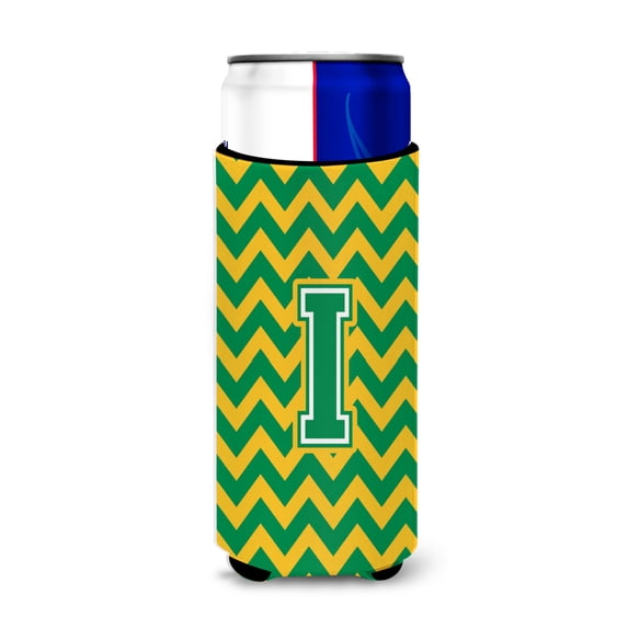 Carolines Treasures CJ1059-IMUK Letter I Chevron Green and Gold Ultra Beverage Insulators for slim cans Slim Can