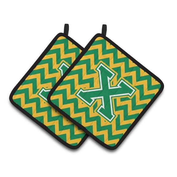 Letter X Chevron Green and Gold Pair of Pot Holders