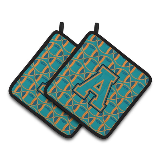 Letter A Football Aqua, Orange and Marine Blue Pair of Pot Holders