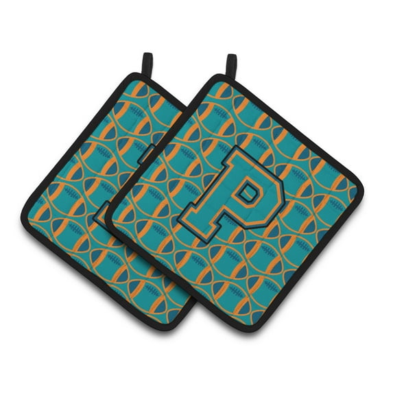 Carolines Treasures CJ1063-PPTHD Letter P Football Aqua, Orange and Marine Blue Pair of Pot Holders, 7.5HX7.5W,