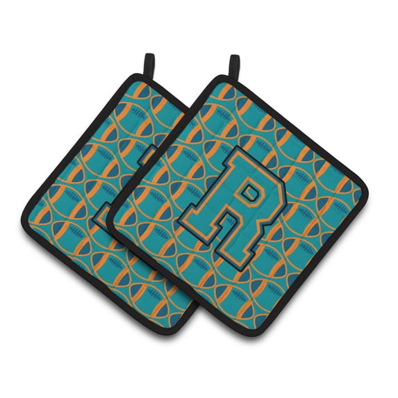 Carolines Treasures CJ1063-RPTHD Letter R Football Aqua, Orange and Marine Blue Pair of Pot Holders, 7.5HX7.5W,