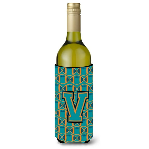 Carolines Treasures CJ1063-VLITERK Letter V Football Aqua Orange and Marine Blue Wine Bottle Beverage Insulator Hugger