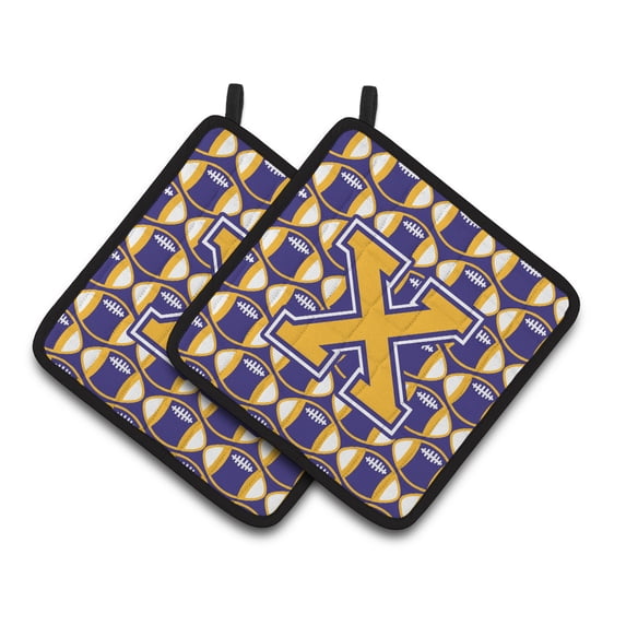Carolines Treasures CJ1064-XPTHD Letter X Football Purple and Gold Pair of Pot Holders, 7.5HX7.5W, multicolor