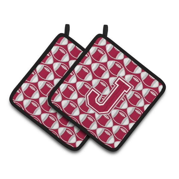 Carolines Treasures CJ1065-JPTHD Letter J Football Crimson, grey and white Pair of Pot Holders, 7.5HX7.5W, multicolor